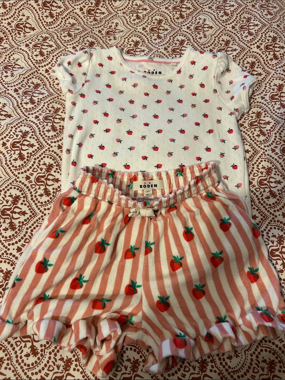 NWOT Mini Boden White Tee with Pink-Striped Strawberry Terrycloth Shorts
